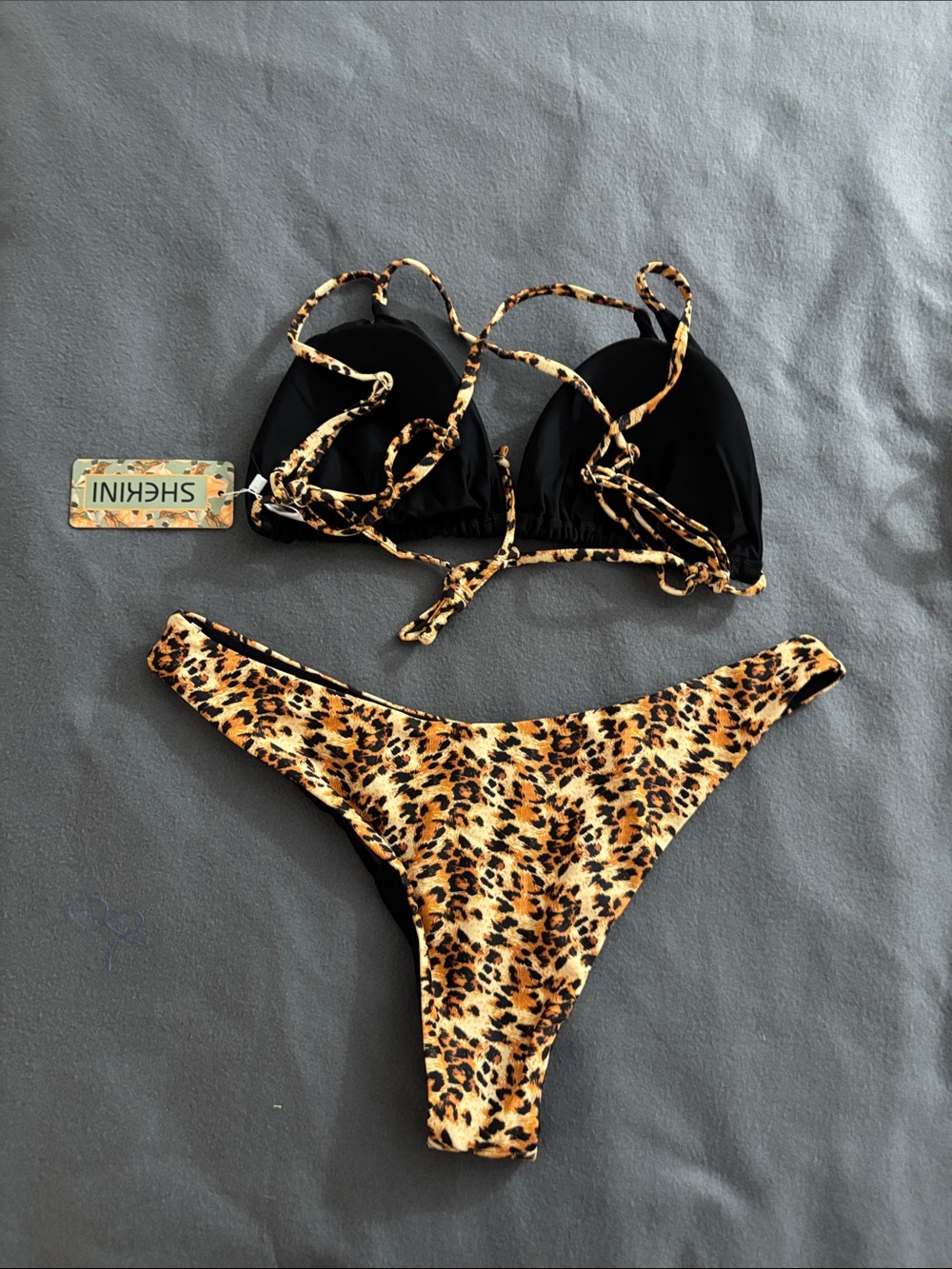 Shekini XL Leopard Print Bikini Set NWT Black Triangle Tie Back Swim - Picture 7 of 7